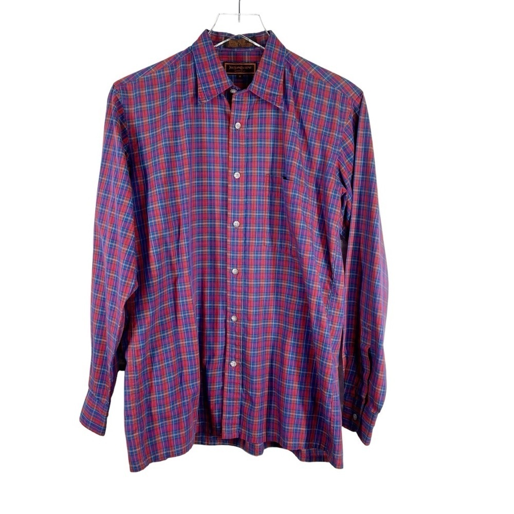YVES SAINT LAURENT Vintage Men's Medium Plaid Button Down Cotton Blend Shirt